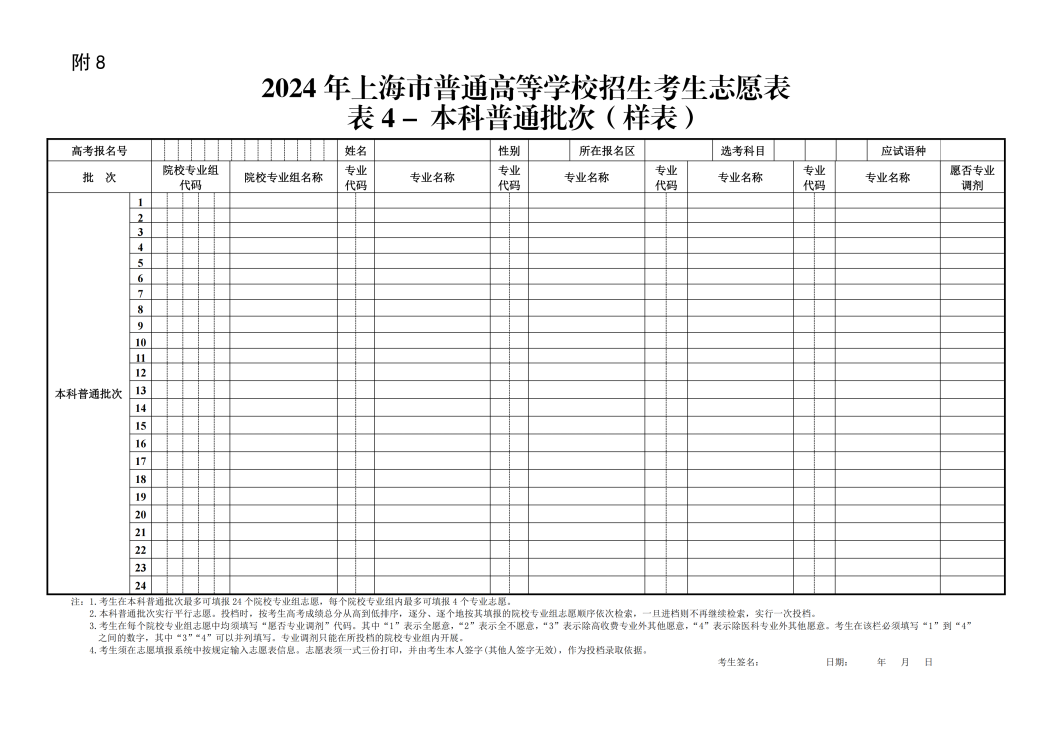 2024上海高考志愿表填写样本模板（电子版下载）
