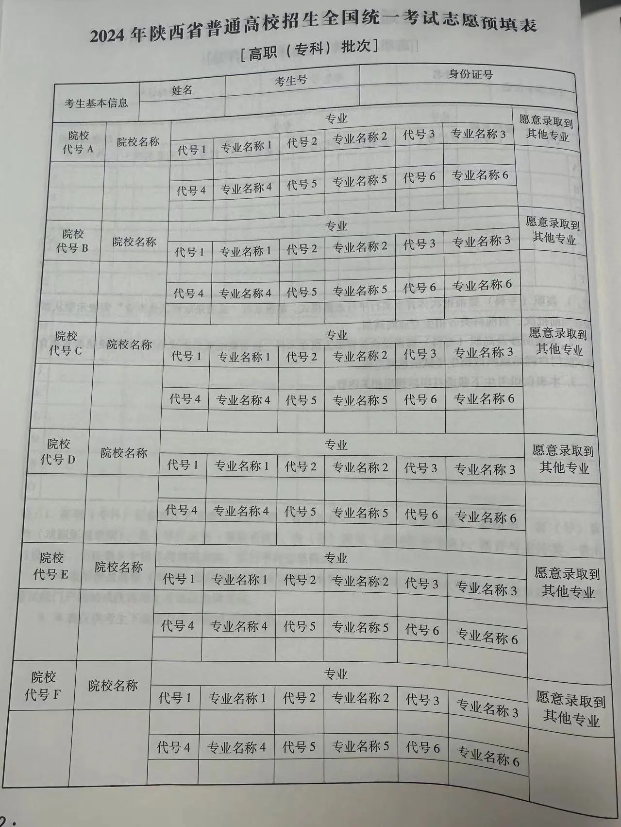 图：专科批志愿填报样表模板