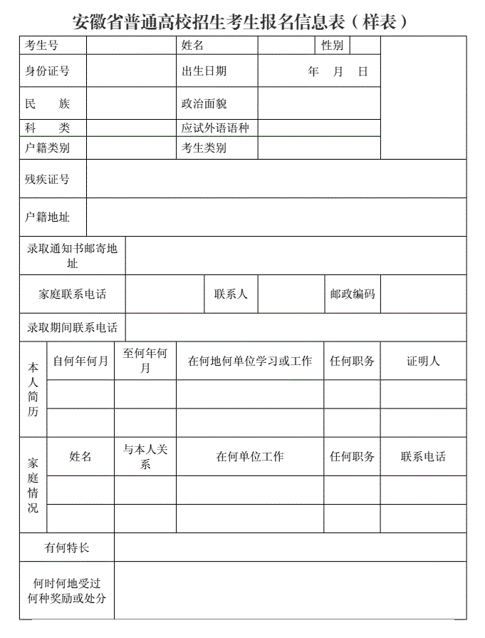 图：安徽省普通高校招生考生报名信息表（样表）