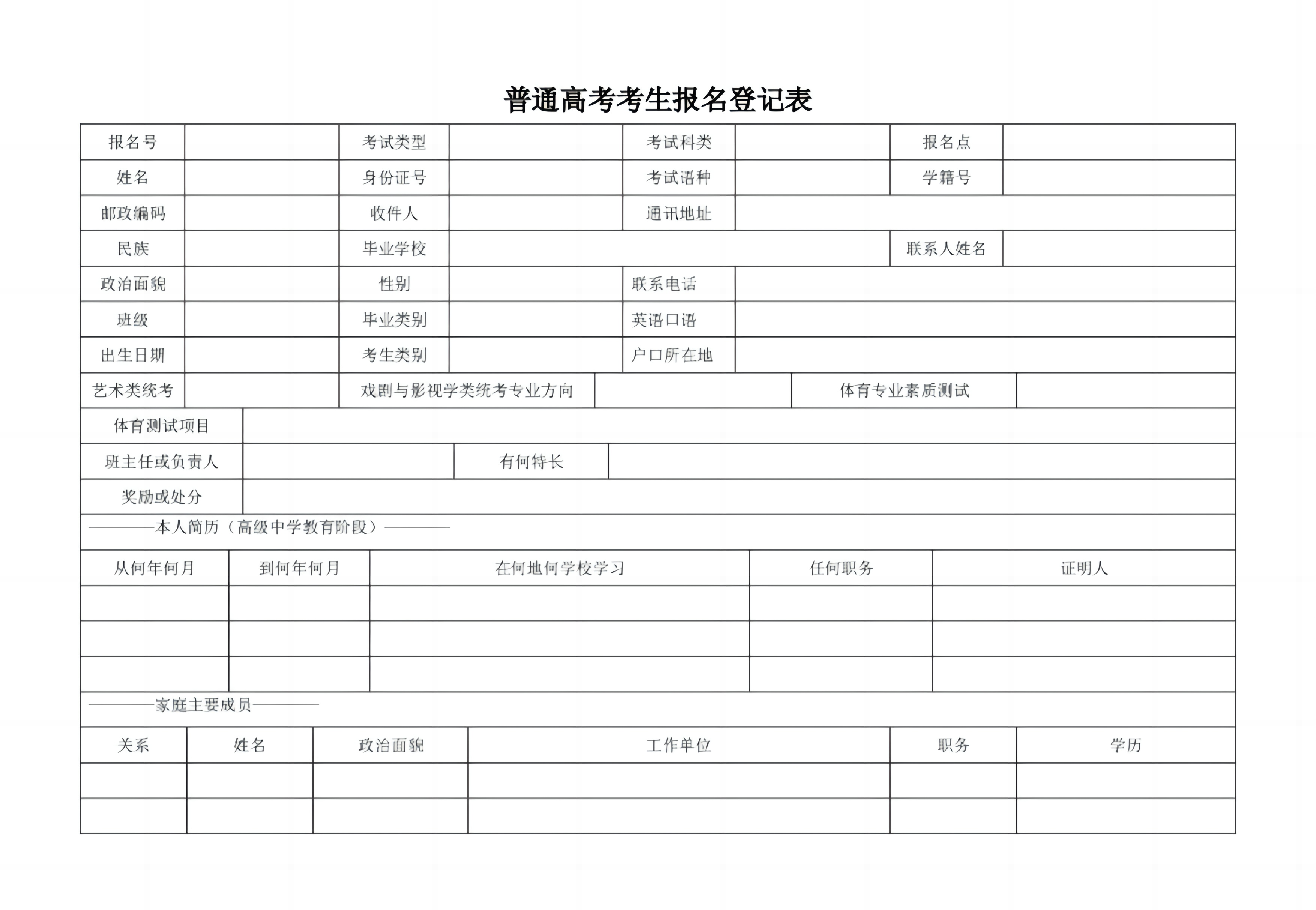 图：普通高考考生报名登记表