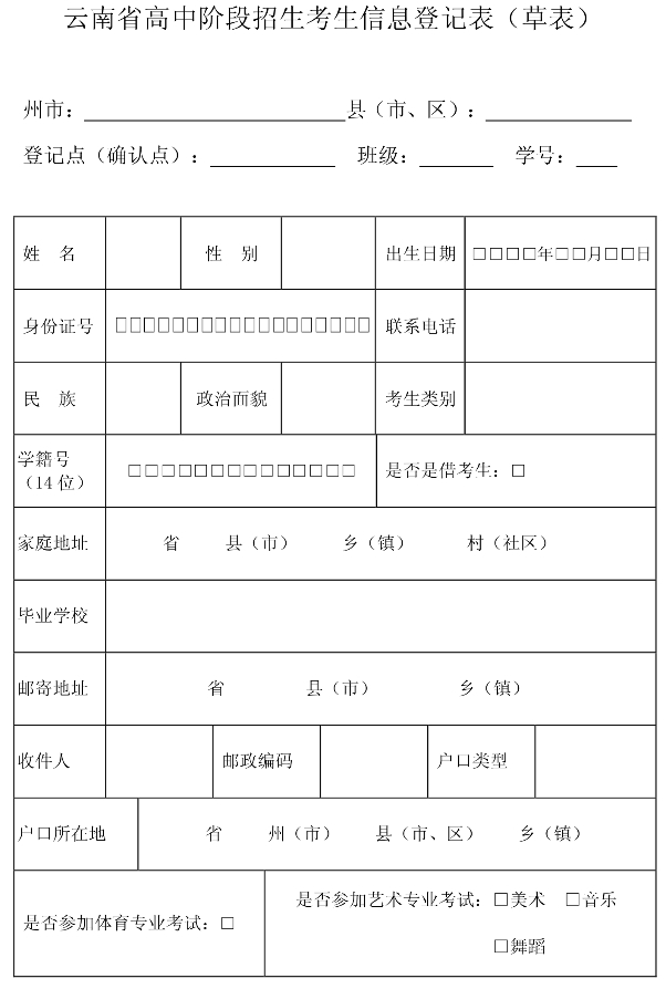 图：云南省高中阶段招生考生信息登记表草表