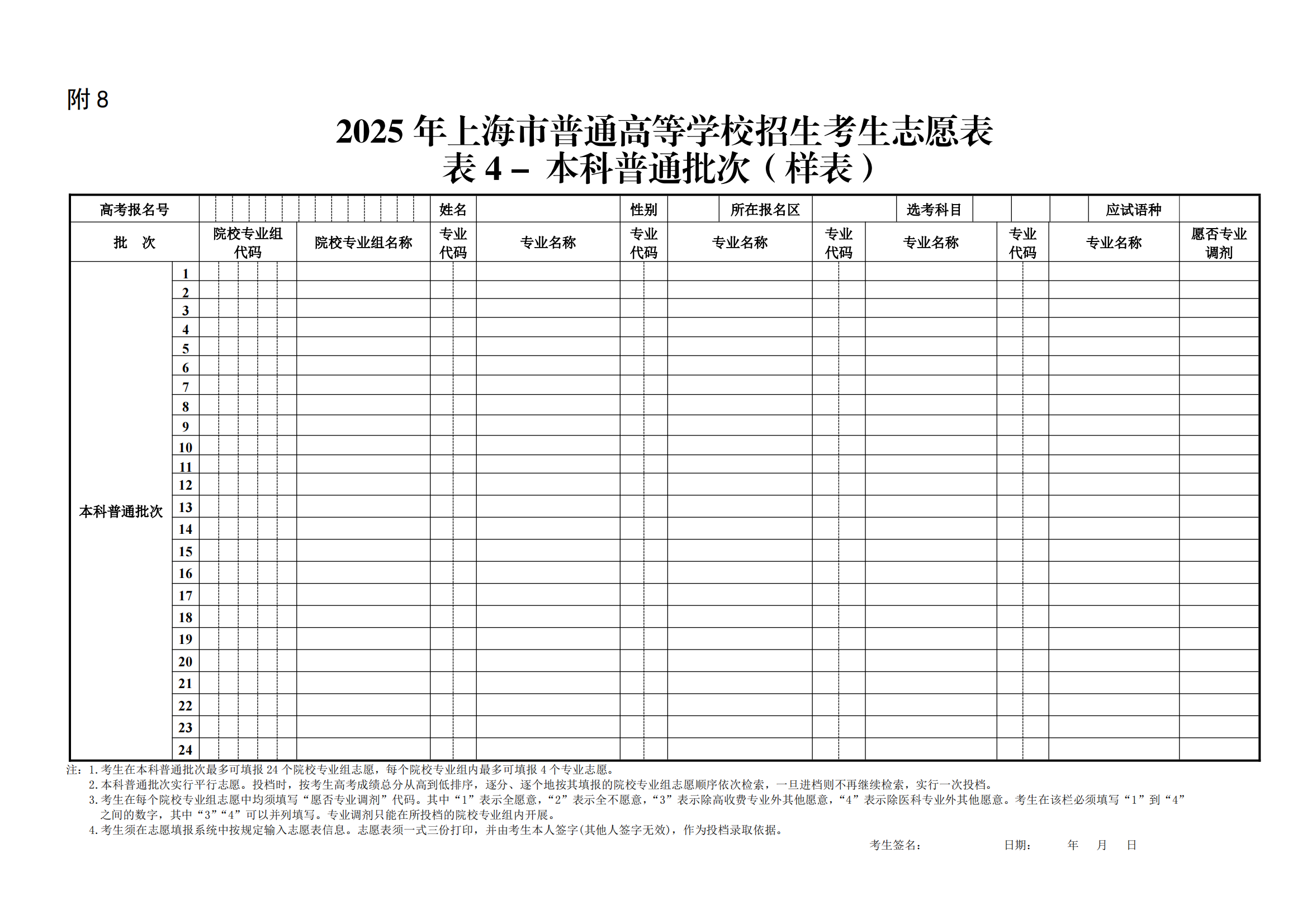 图：本科普通批次志愿表（样表）