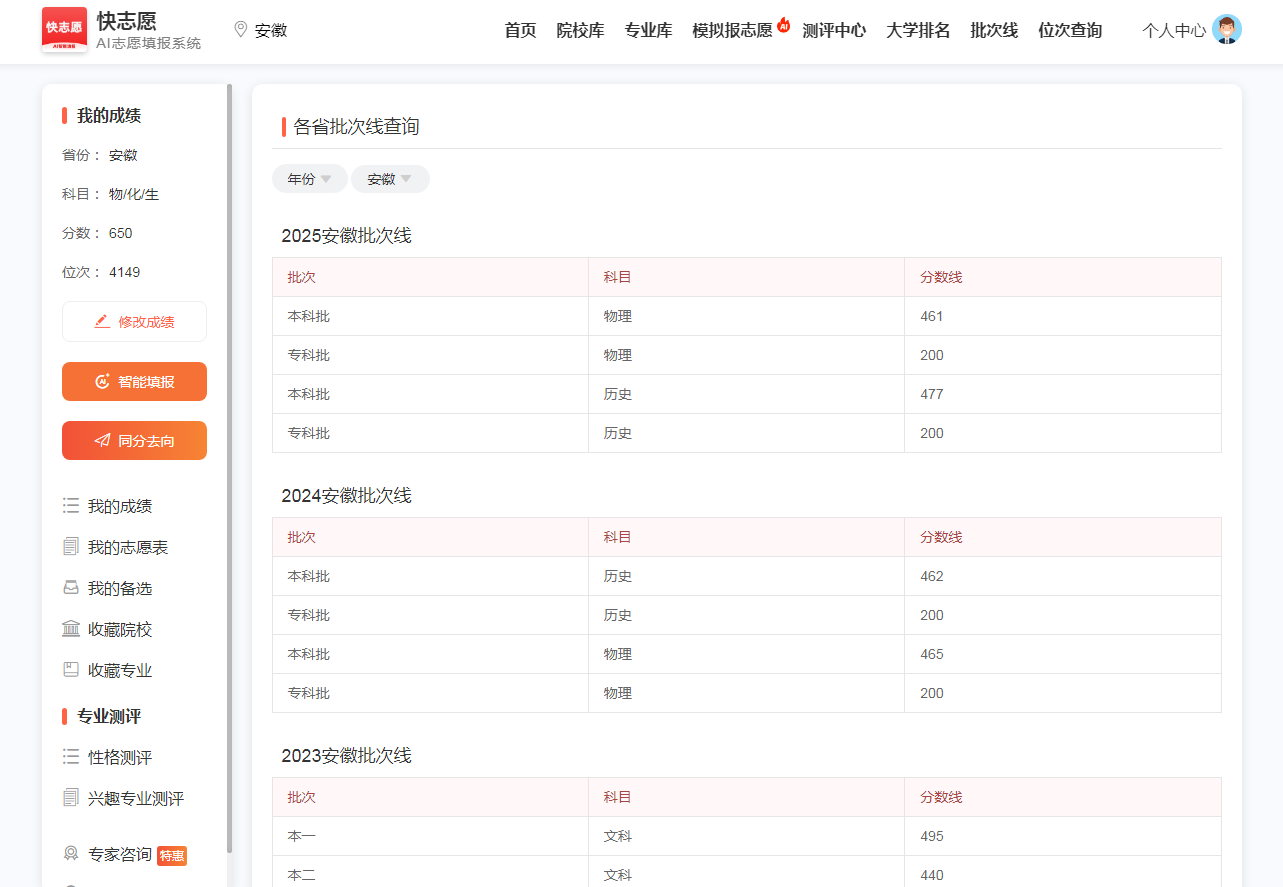 历年高考录取批次分数线查询